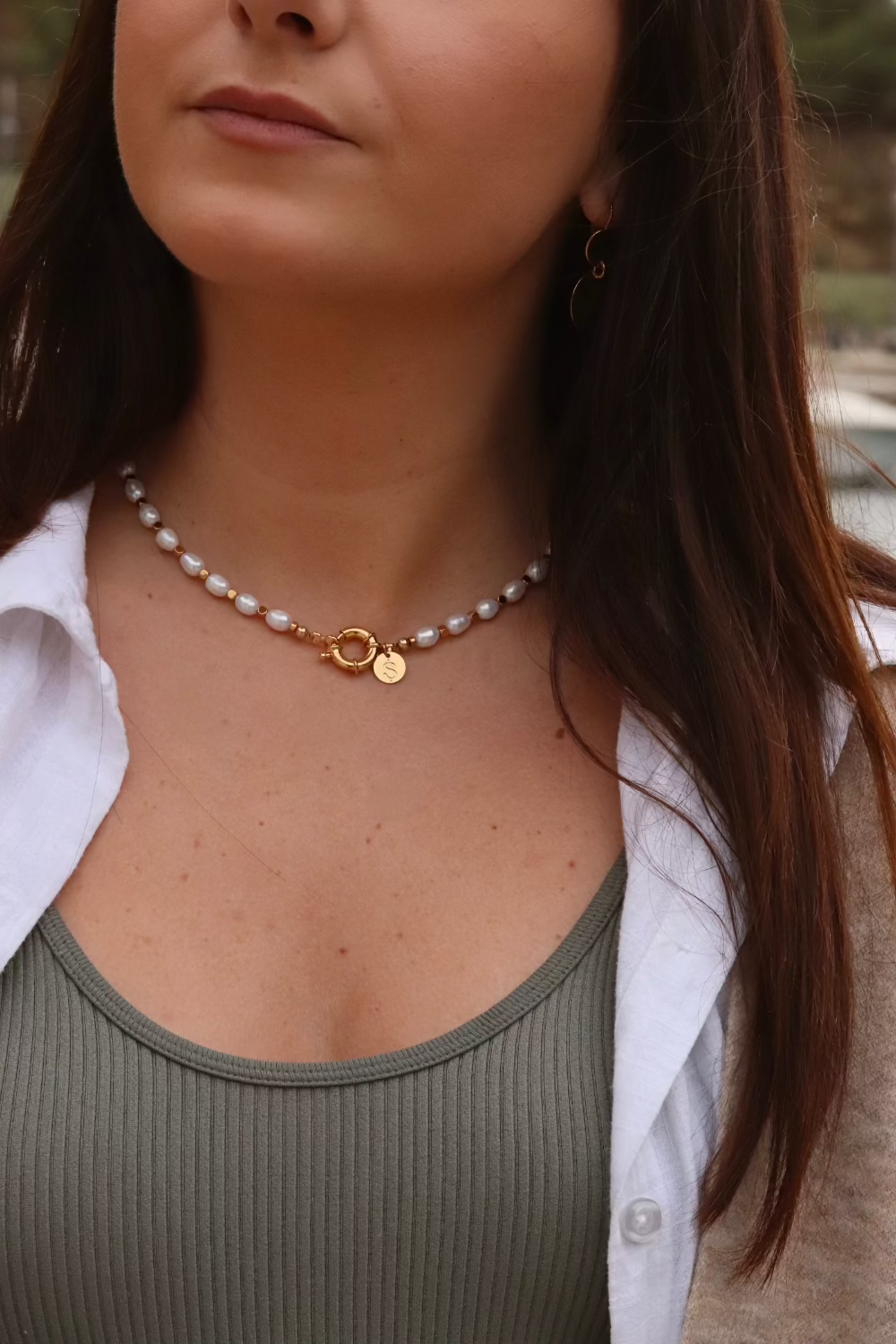 collier fermoir marin et perles de culture ras de cou
